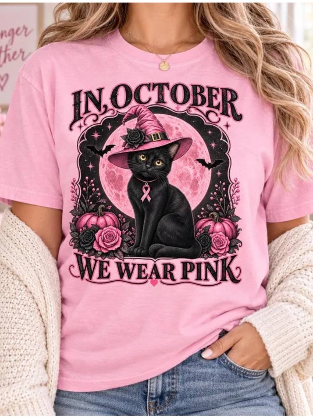 Pink Cat Witch Graphic T-Shirt - Women's In October We Wear Pink Tee